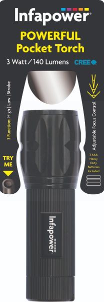 Infapower Powerful Pocket Torch with Batteries - Black - 3 Watt - 140 Lumens