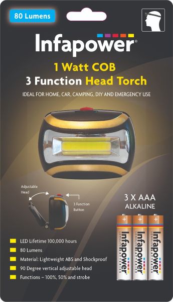 Infapower 3 Function 1 Watt COB Head Torch with Adjustable Head - 80 Lumens
