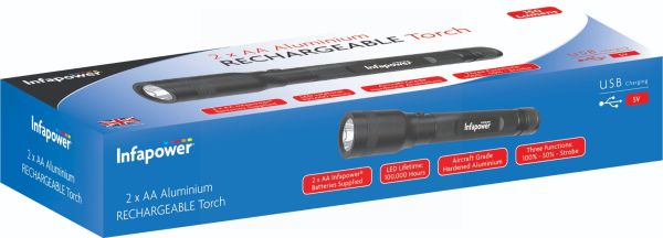 Infapower Rechargeable Aluminium Torch with 2 x AA Batteries - 5V - Black