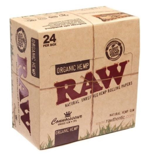 Raw Natural Unrefined Hemp Rolling Papers - Connoisseur King Size Plus Tips - Organic Hemp - Pack Of 24