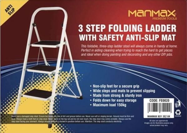 ManMax 3 Step Folding Step Ladder With Safety Anti Slip Mat