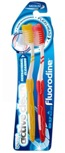 Fluorodine Ultra Active Clean Flex Performance Toothbrush - Medium - Assorted Colours - Pack Of 2