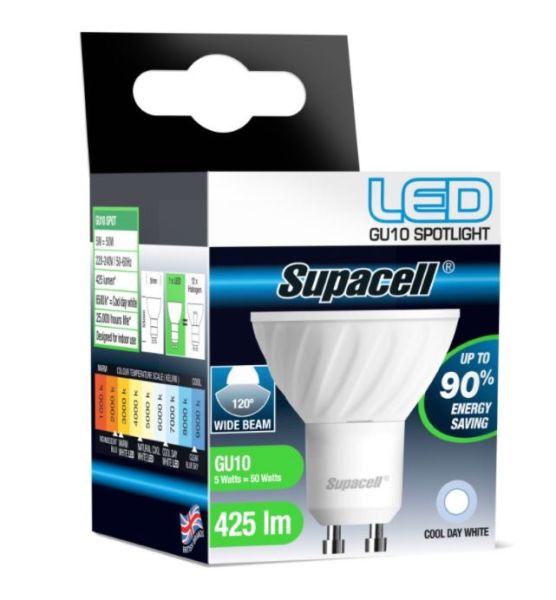 Supacell Led Gu10 Spot Pin Base Wide Beam 5W Light Bulb - Wide - Cool Day White