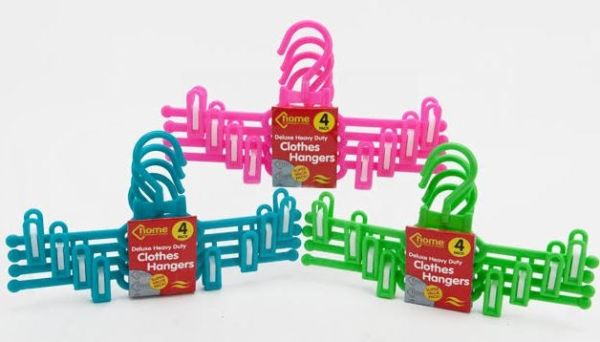 Deluxe Heavy Duty Plastic Clothes Hangers With Sliding Clips - Pack Of 4 - Colours May Vary