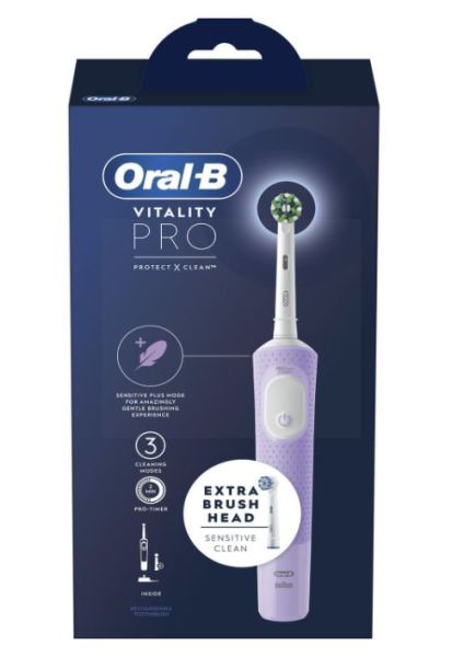 Oral-B Vitality Pro Protect X Clean Rechargeable Toothbrush with Extra Brush Head - Lilac Mist - Sensitive Clean