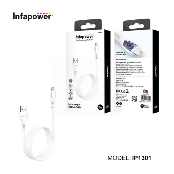 Infapower Lightning To USB-A Cable - White - 3M