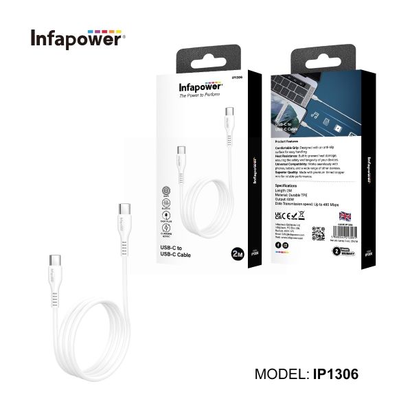 Infapower USB-C To USB-C Cable - White - 2M