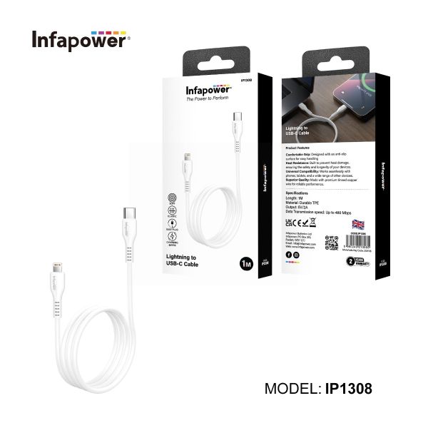 Infapower Lightning To USB-C Cable - White - 1M