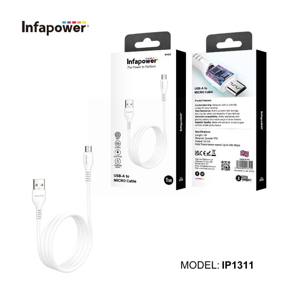 Infapower USB-A To Micro Cable - White - 1M