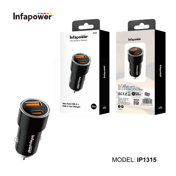 Infapower 38W Dual USB-A + USB-C Car Charger - Black