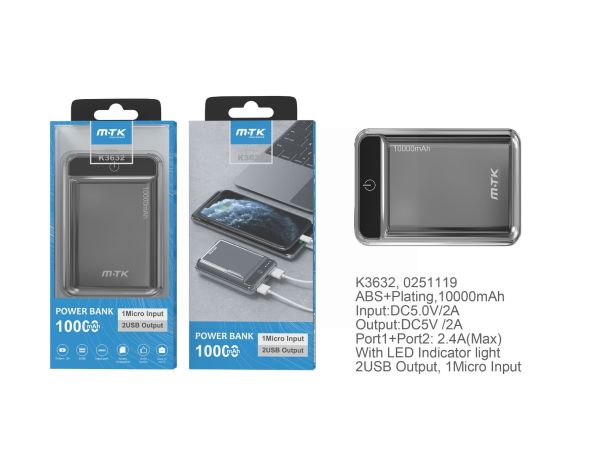 Moveteck Power Bank Pocket Station with 2 USB LED Indicator - 10000mAh - Grey