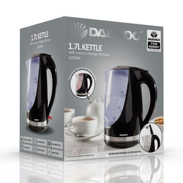 Daewoo Electricals 1.7L Kettle with Colour Change Feature & 2 Years Warranty - Black - 22.7 x 20.5 x 16.5cm