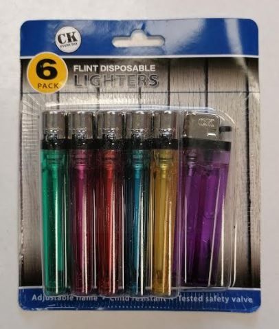 CK Everyday Flint Disposable Lighters - Clear - Assorted Colours - Pack of 6