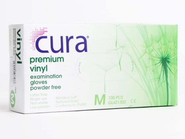 Cura Premium Vinyl Powder Free Examination Gloves - Medium - Pack of 100