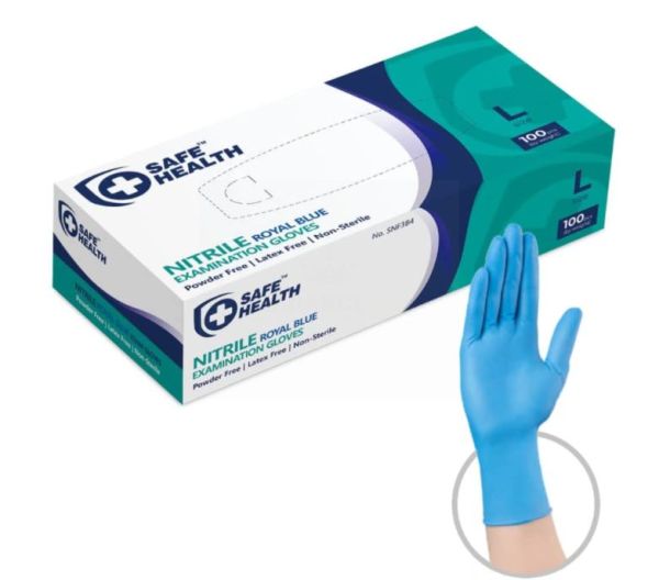 Safe Health Nitrile Powder Free Royal Blue Examination Gloves - Large - Pack of 100 - Exp: 11/25