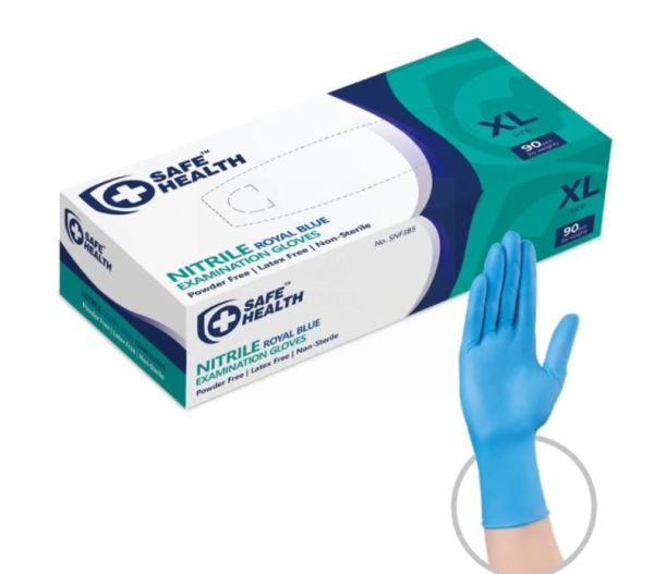 Safe Health Nitrile Powder Free Royal Blue Examination Gloves - Extra Large - Pack of 90 - Exp: 11/25