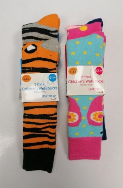 Avenue Kids Cotton Rich Children's Welly Socks - 6 - 8 1/2 UK - Assorted Designs - Pack of 2 - Price Marked £1.99 - 0% VAT