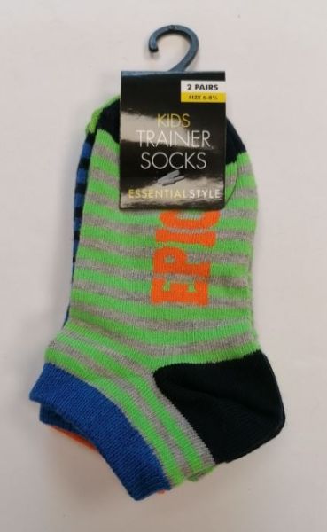 Essential Style Kids Trainer Socks - Assorted Pattern - Size: 6-8 1/2 - Pack of 2 Pairs