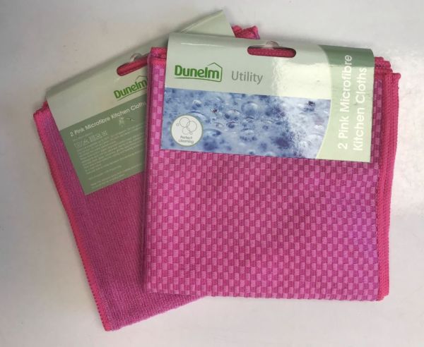 Dunelm Utility Pink Microfibre Kitchen Cloth - 35 x 35cm - Assorted Design - Pack of 2