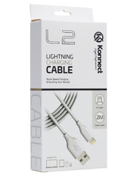 Konnect High Performance L2 Quick Speed Lightening Charging Cable for Iphone 5/6/7/8/10/11 - White - 2m 