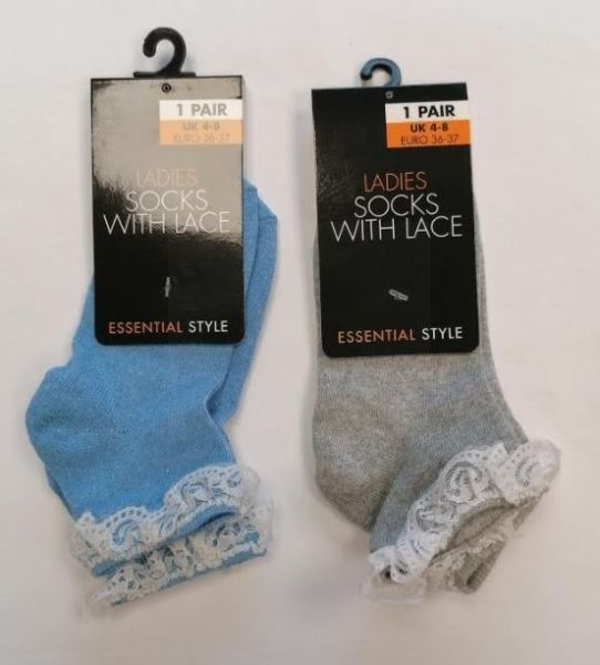 Essential Style Ladies Socks with Lace - Colours May vary - Size: 4-8 