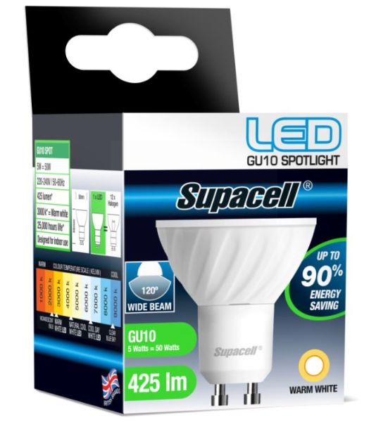 Supacell Led Gu10 Spot Pin Base Wide Beam 5W Light Bulb - Warm White