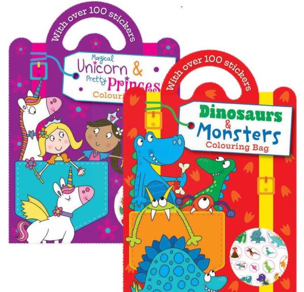 Magical Unicorn & Pretty Princess/Dinosaurs & Monsters Colouring Bag - With Over 100 Stickers - 0% VAT