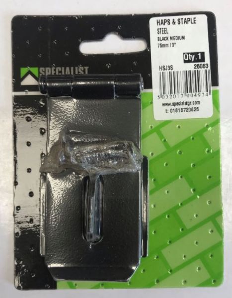 Specialist Hardware Haps & Staple Steel with Screws - Medium - Black - 3" - 12 x 9cm