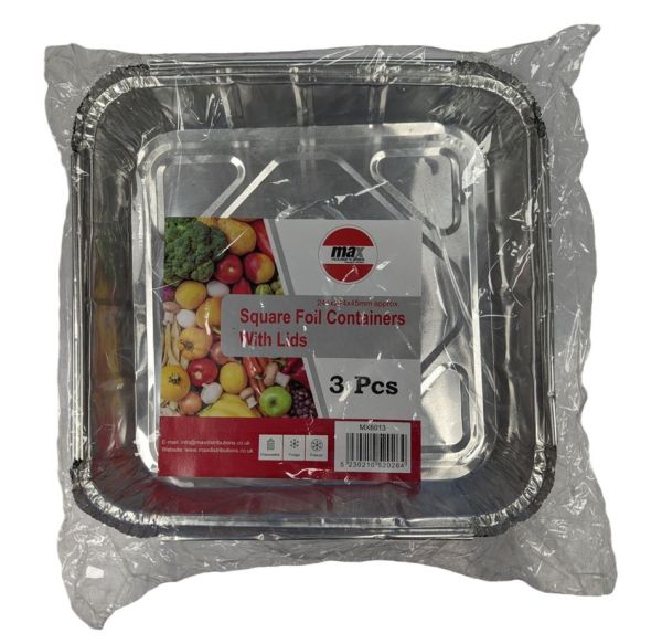 Max House Wares Aluminium Foil Square Containers - 25 x 25 x 4.5cm - Pack of 3