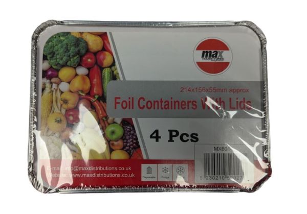 Max House Wares Aluminium Foil Containers with Lids - 21 x 15.5 x 5.5cm - Pack of 4