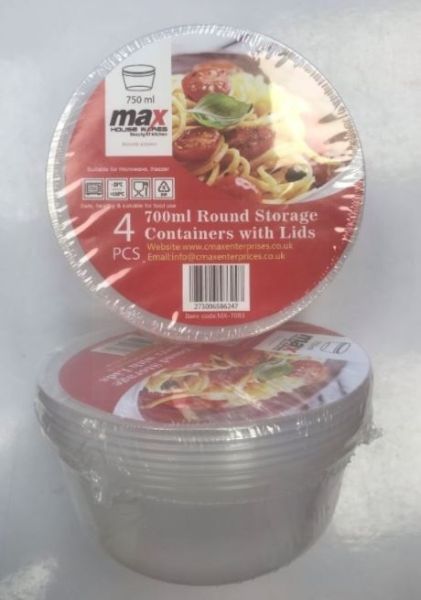 Max Disposable Round Food Storage Containers with Lids - 700ml - 15 x 6.5cm - Pack of 4