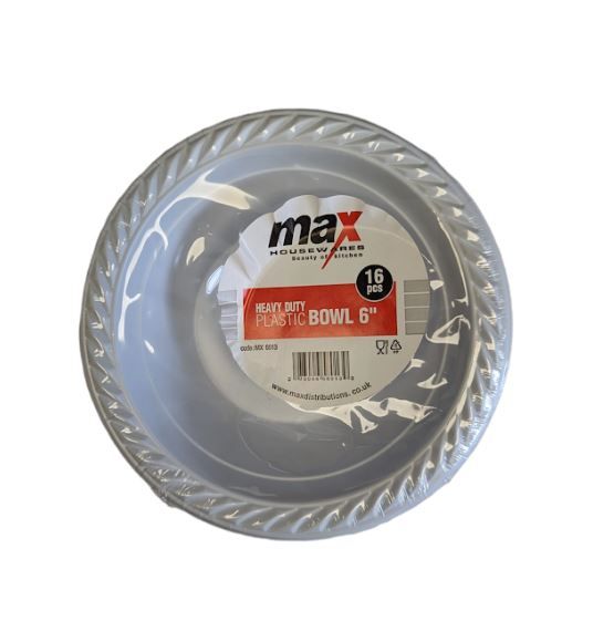 Max House Wares Heavy Duty Plastic Bowl - 6" - White - Pack of 16