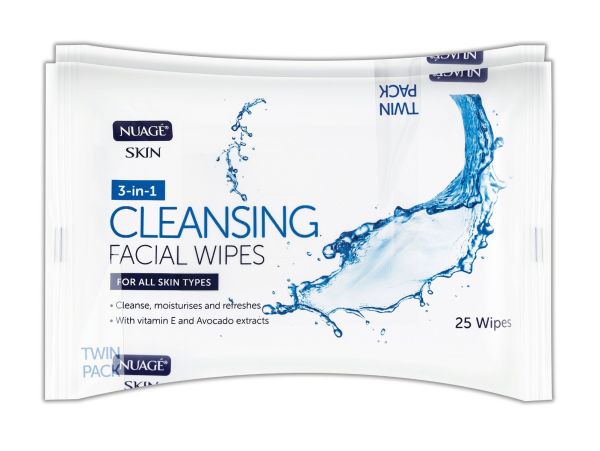 Nuage Skin 3-in-1 Cleansing Facial Wipes for All Skin Types - Twin Pack - Pack of 25 x 2