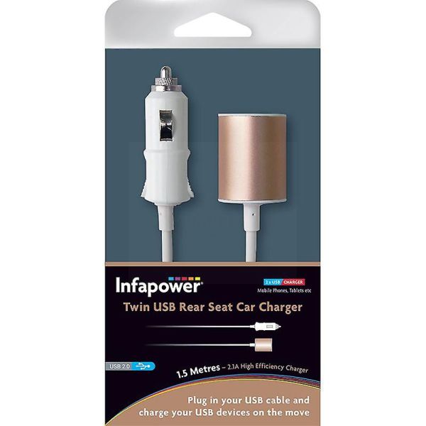 Infapower Twin USB Rear Car Seat Charger - White - 1.5m