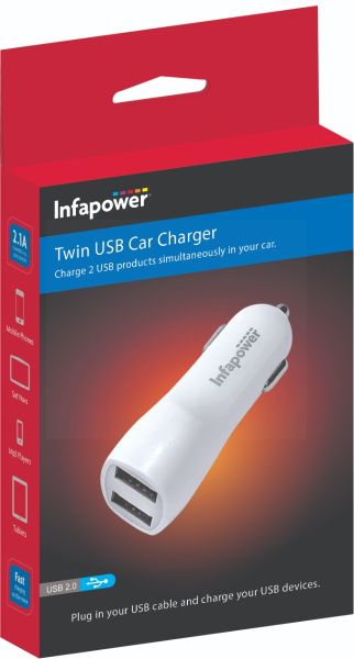 Infapower Twin USB Car Charger - White - 2.1A