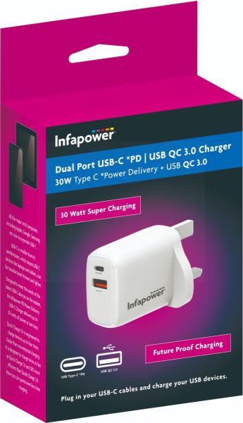 Infapower Dual Port Type C + USB Mains Charger Plug - White - 30W