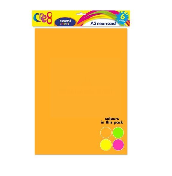 Cre8 A3 Neon Cards/Sheets - Assorted Colours - Pack of 6