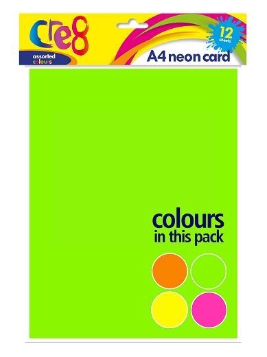 Cre8 A4 Neon Cards/Sheets - Assorted Colours - Pack of 12