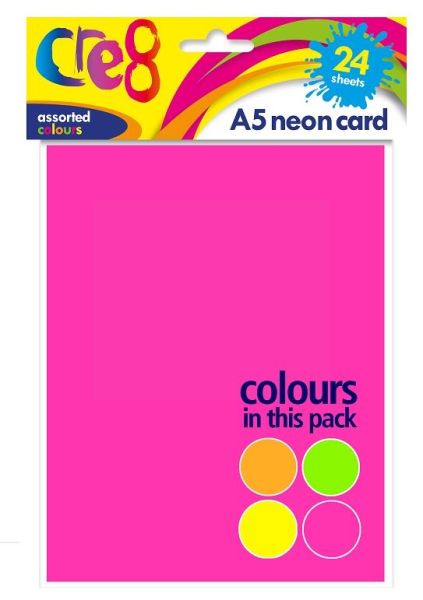 Cre8 A5 Neon Cards/Sheets - Assorted Colours - Pack of 24