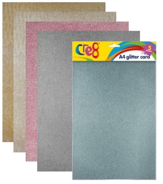 Cre8 A4 Glitter Cards/Sheets - Assorted Colours - Pack of 5