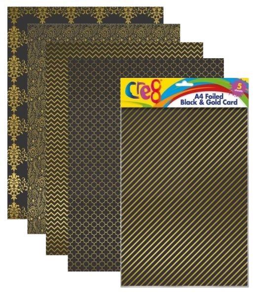 Cre8 A4 Foiled Black & Gold Cards/Sheets - Assorted Colours - Pack of 5