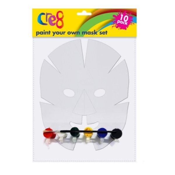 Cre8 Paint Your Own Mask Set with 6 Water Based Paints & 1 Brush - 24 x 19cm - Pack of 10