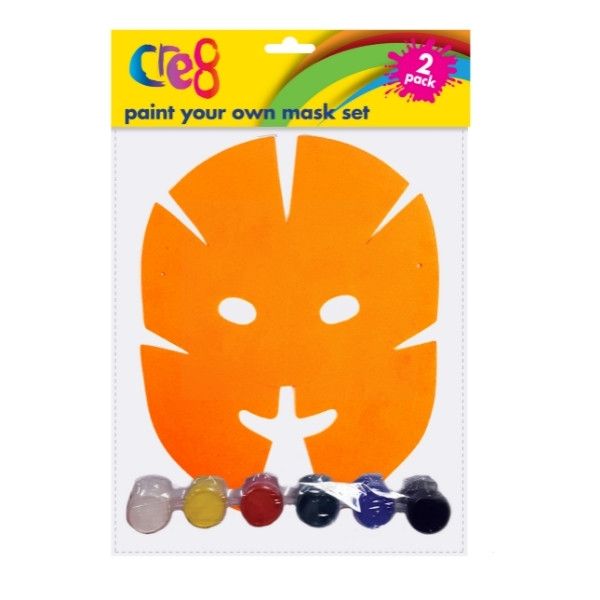 Cre8 Paint Your Own Mask Set with 6 Water Based Paints & 1 Brush - Assorted Colours - 24 x 19cm - Pack of 2