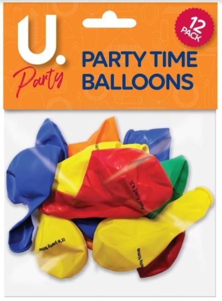 U Party Its Party Time Balloons - Pack of 12 - Assorted Colours
