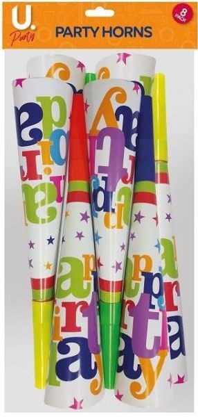 U Party Happy Birthday Party Horns - Pack of 8 - Assorted Colours