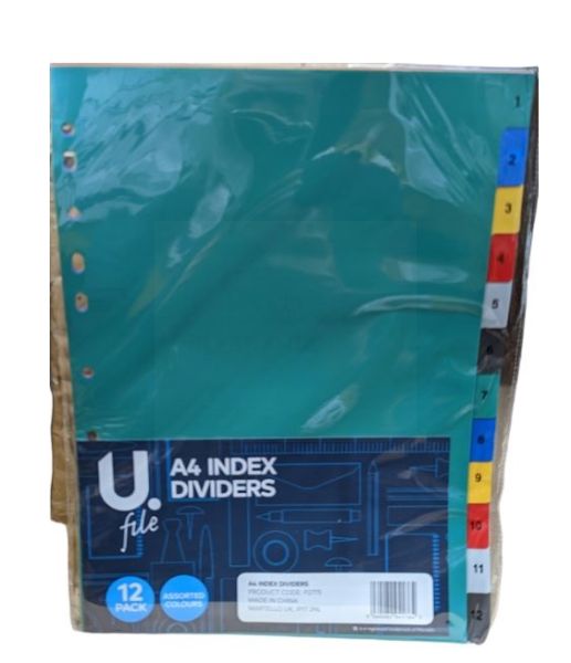 A4 Index Dividers - Pack of 12 - Assorted Colours