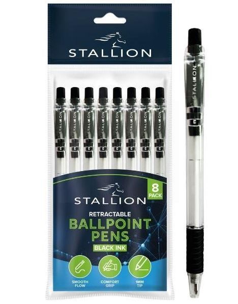 Stallion Retractable Ballpoint Pens - Black - Pack of 8