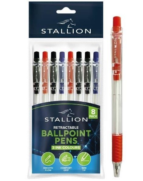 Stallion Retractable Ballpoint Pens - Assorted Pens - Pack of 8