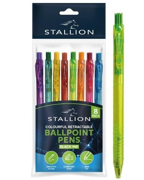 Stallion Colourful Retractable Ballpoint Pens - Black Ink - Pack of 8