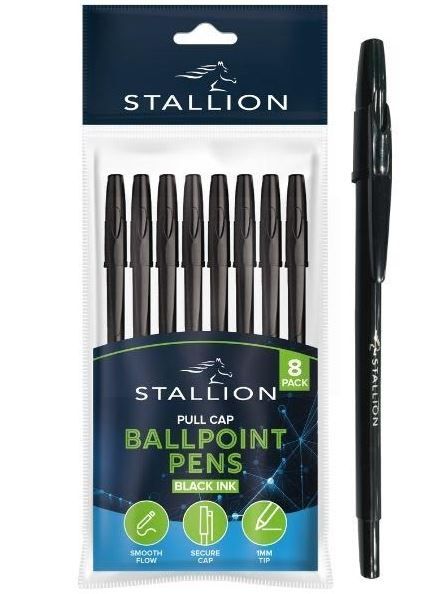 Stallion Pull Cap Ballpoint Pens - Black Ink - Pack of 8